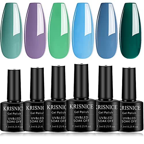 KRISNICE Gel Nail Polish Kit- 6 Colors Blue Olive Turquoise Lavender Purple Gel Polish Set Glitter Nail Polish Soak Off LED Gel Nail Kit Nail Art Manicure Salon DIY at Home Gifts for Women (KCS6-010)