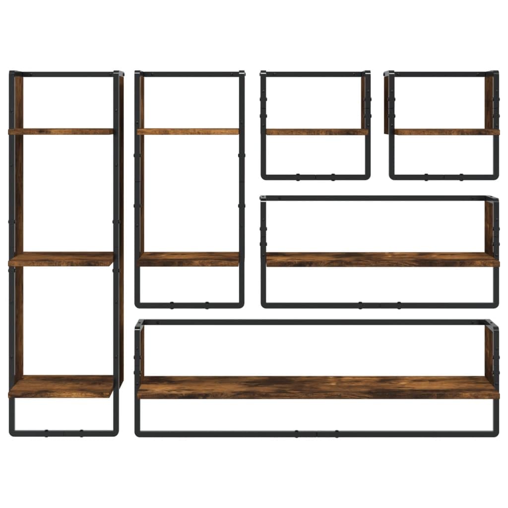 Set di 6 mensole da parete sospese con aste in metallo, legno di rovere affumicato, dimensioni per scaffale da 30 x 25 x 65 a 65 x 100 x 30 cm, per cucina, bagno, corridoio, ufficio