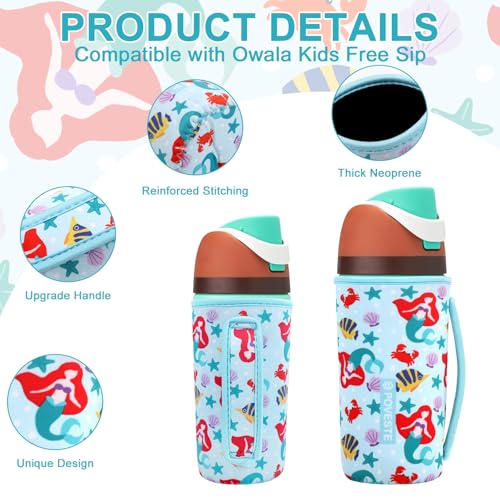Image of Water Bottle Sleeve with Handle for Owala Kids FreeSip 16 oz, Water Bottle Scratch Resistant Sleeve, Neoprene Cover Compatible with Owala 16 oz for Boys Girls to School Travel (Mermaid World)