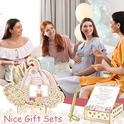 Image of Wenqik 63 Pcs Pink Little Pumpkin Baby Shower Guest Book Alternatives Set Baby Shower Decorations with Photo Frame Sonogram Frame Keepsake 60 Wood Slices Guest Book for Birthday