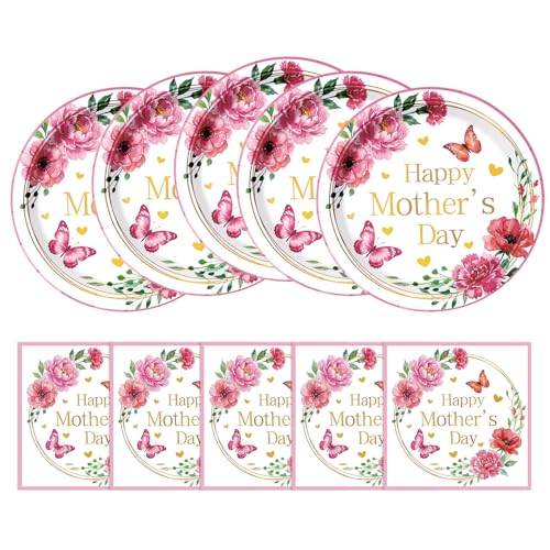 Happy Mothers Day Decorations Floral Paper Plates and Napkins Disposable Set 9 Inch Disposable Party Cake Dessert Plates 20 Count Flower Plates and 20 Count Napkins Table Decor Party Supplies