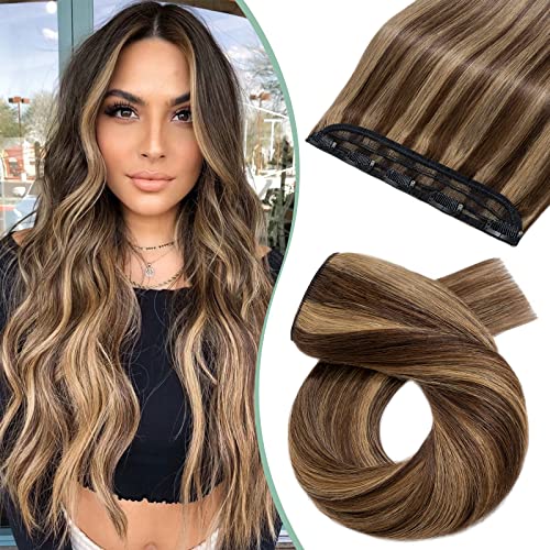 Silk-co One Piece Clip on Hair Extensions Seamless Clip in Hair Extensions Human Hair Highlighted 3/4 Half Head Real Remy Hair Extension (20''-50g