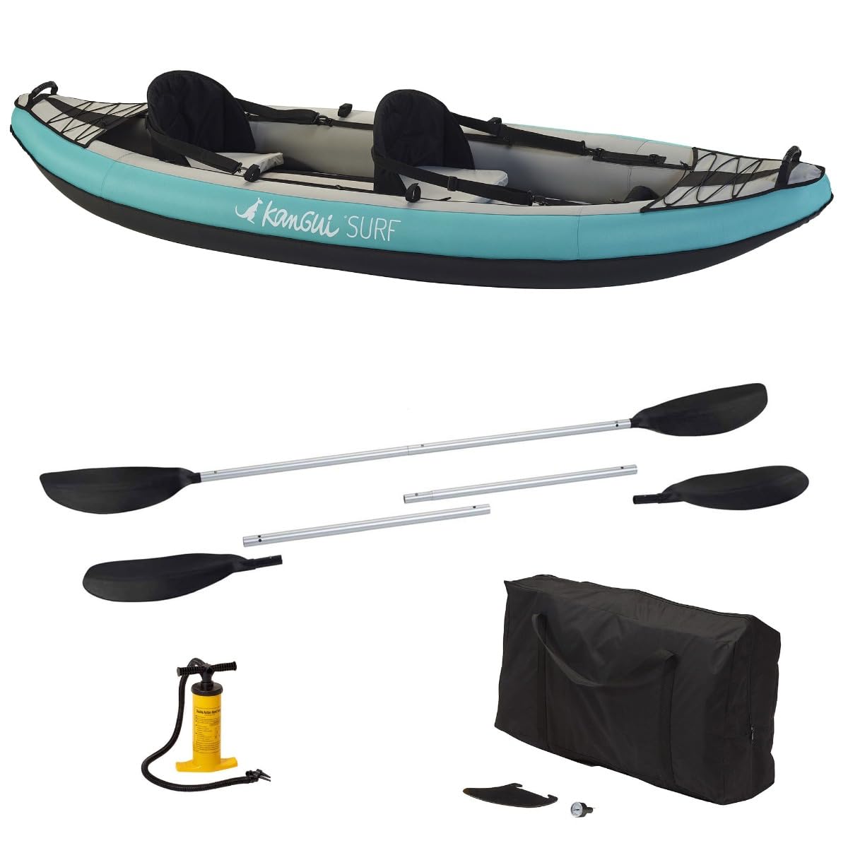 Kangui Canoë Kayak Gonflable LAORI 1 à 2 Places + pagaie + Sac Transport + Pompe Double Action + sièges + cale-Pied
