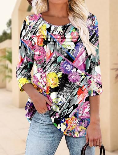 KISSMODA Women's Casual 3/4 Sleeve T-Shirts Round Neck Cute Tunic Tops Basic/Pleated Summer Tops Trendy Spring Blouses