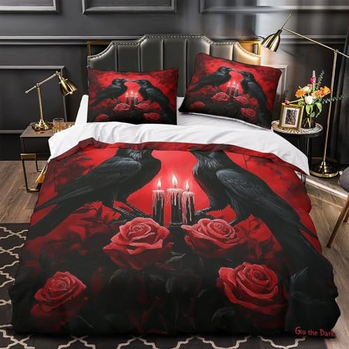 Noir Ravens Ensemble De Literie 3D Effet Microfibre Hypoallergique 3 Pièces 2 Taies Douce gothic Romantic Parure de Lit Résistante Entretien Facile for...