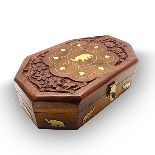 IndiaBigShop Handmade Keepsake Baratija Joyería Caja de Almacenamiento Joyero Caja con Elefante Individual Incrustación y Tallado 8 X 5 Pulgadas