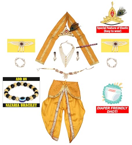 Image of Raj Fancy Dresses Shri Krishna Dress for Baby Boy & Girl, Janmashtmi Dress with Diaper-friendly Dhoti & Dupatta, Mor Pankh Mukut