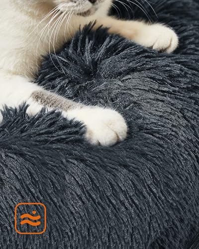 Feandrea Hundebett flauschig, Katzenbett, Donut Kissen, waschbar, Polsterung in der Mitte herausnehmbar, Langer Plüsch, 60 cm Durchmesser, dunkelgrau PGW038G02