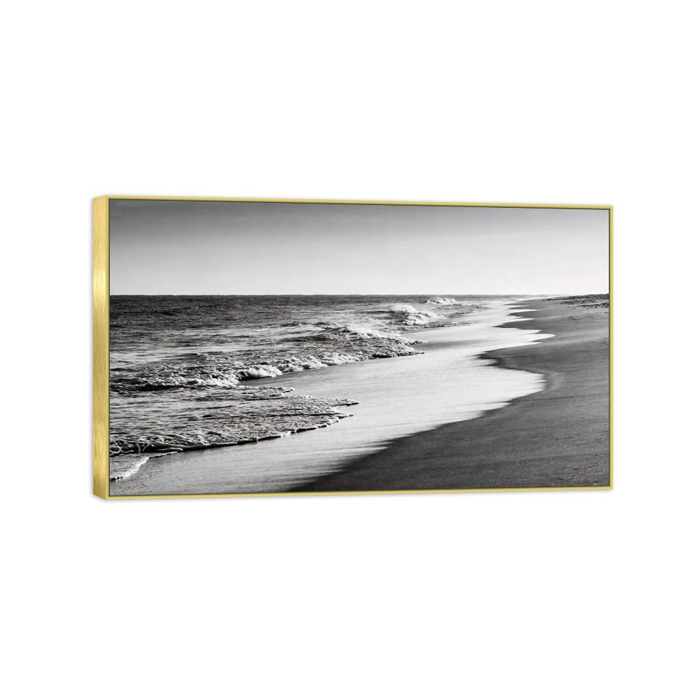 OZPWBVY Sea Waves Black White Landscape Canvas Picture 60x100cm Gold Frame