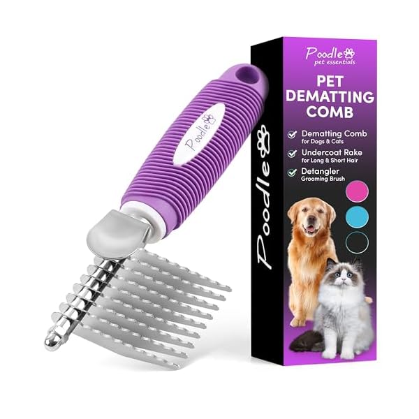 Poodle Pet Dematting Fur Rake Comb Brush Tool with Long 2.5” Steel Safety Blades for Detangling Matted or Knotted Undercoat Hair, Safe Grooming Accessories for Dogs, Longhaired Cats, Rabbits, Horses