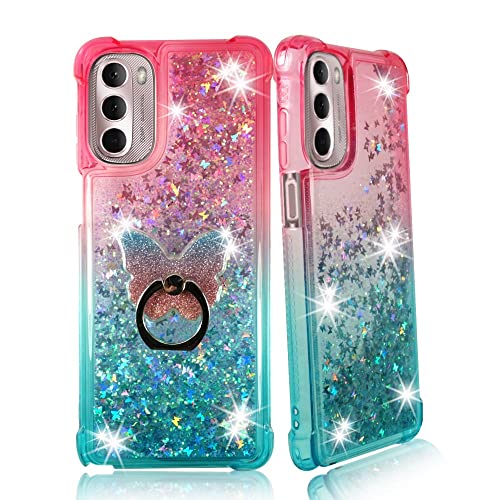 Zase Moto G Stylus (2022) Liquid Glitter Sparkle Bling Cute Clear Case Design for Motorola G Stylus (2022) 4G LTE Floating 3D Butterflies Waterfall Quicksand w/Phone Ring Holder (Gradient Pink Aqua)