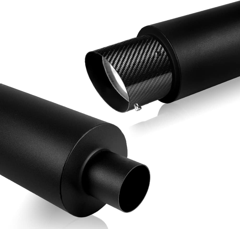 Q1-TECH, Universal 4" Carbon Fiber Slant Tip JDM N1 Style Muffler Hi Flow Black Stainless Steel Weld-On 2.5" Inlet , Muffler , Removable Silencer Pre-attached