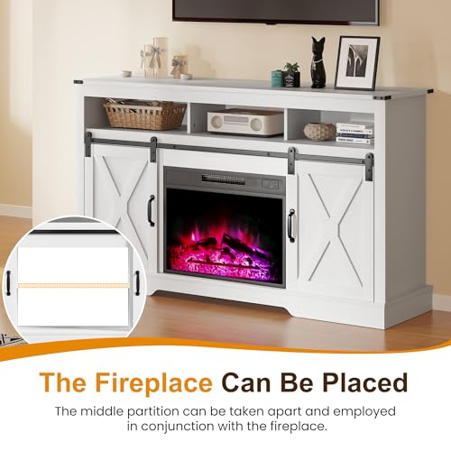Image of RoyalCraft Farmhouse TV Stand for 23 inch Fireplace, 34'' Tall Entertainment Center for 65+ Inch TV, 34 inch Tall Rustic TV Console with Sliding Bar Door for Living Room, White