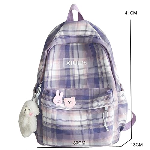 Mochila escolar linda de estilo universitario con diseño a cuadros 7