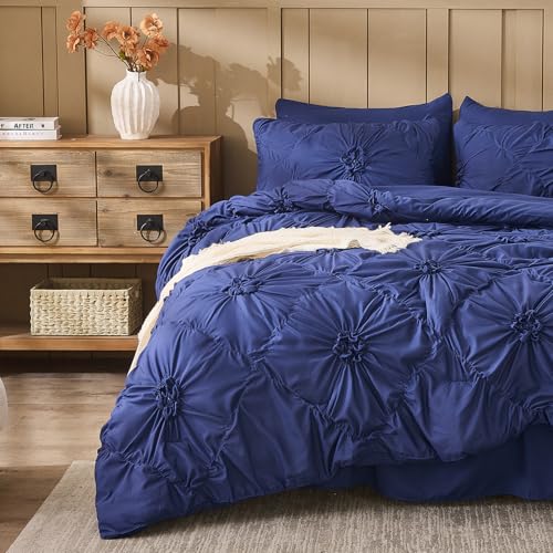 Image of Dark Blue Comforter Set Queen Size Bed in A Bag 7 Piece Pinch Pleat Bedding Set, Pintuck Ruched Flowers Bed Set with Comforter, Sheets, Pillowcases & Shams