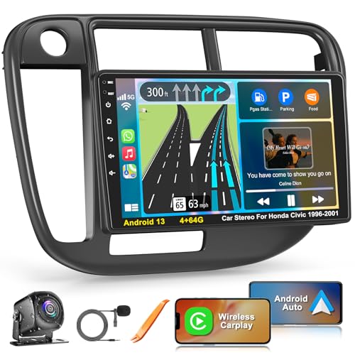 5G WiFi Car Radio for Honda Civic 1996-2001 with Wireless Carplay & Android Auto, 4+64GB Android 13 Civic Screen with Voice Control Bluetooth 5.2 FM SWC DSP EQ GPS Backup Camera Mirror Link