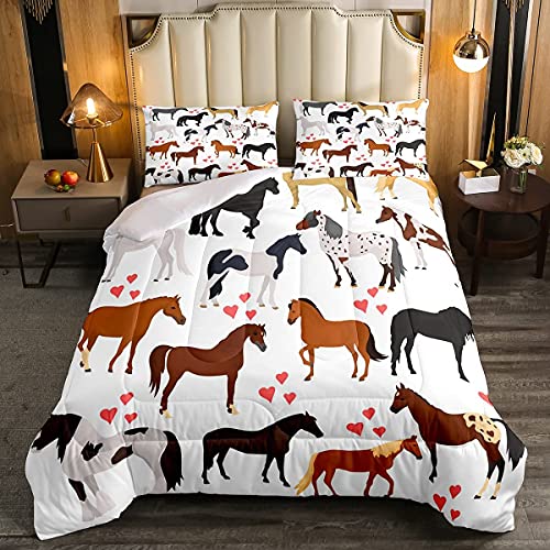 Horse Comforter Set Twin Farm Bedding Set Kids Boys Girls Teens Cute Animal Duvet Set Cartoon Horses With Pink Lover Heart Decor Kawaii Quilt Set Soft Lightweight Cowboy Cowgirls Comforter Set #TOP1