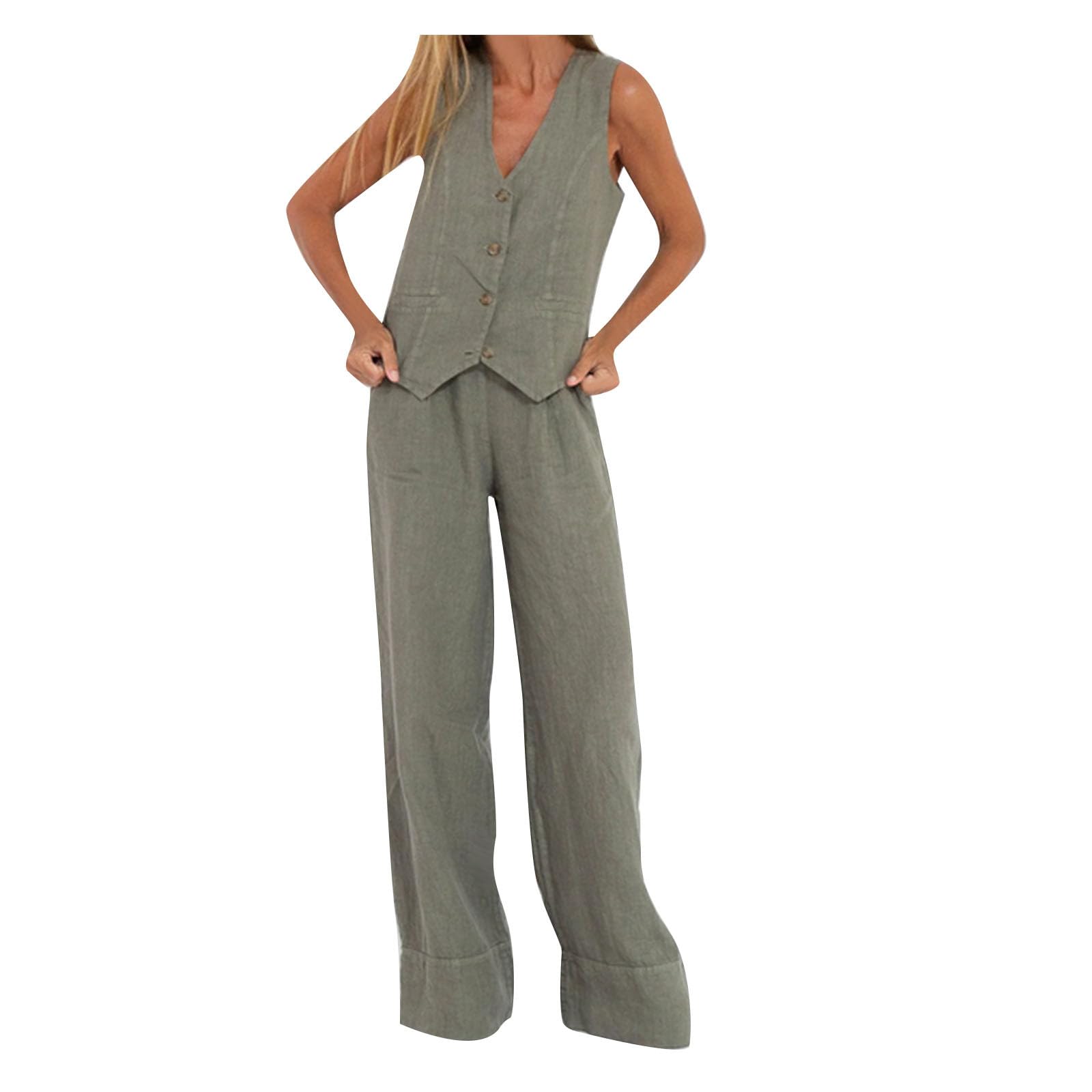 NUSGEAR Conjunto Dos Piezas Mujer Casual Algodon Lino Camiseta sin manga y Pantalones Chaleco otoño Primavera Deportivo Suelto Traje Pijama Cómodo Conjunto Casa Moda Color sólido Chandal ligera 2024
