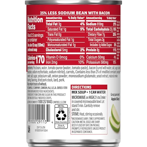 Image of Campbell's Condensed 25% Less Sodium Bean With Bacon Soup, 11.25 oz Can (12 Pack)