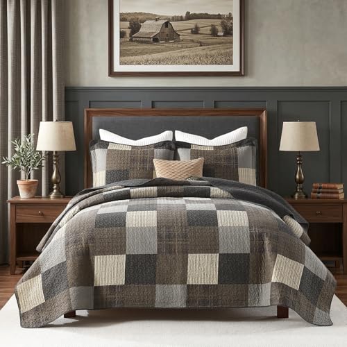 DUOHONG 100% Cotton Quilt Set King Size - Farmhouse Plaid Quilted Comforter, Reversible King Quilt...