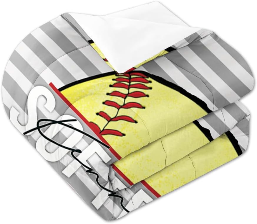 Softball Ball Sports Comforter Set – Bright Teal Yellow Bedding for Women & Girls, Decorative Soft Cozy Bedroom Set Available in Twin, Queen, King Sizes