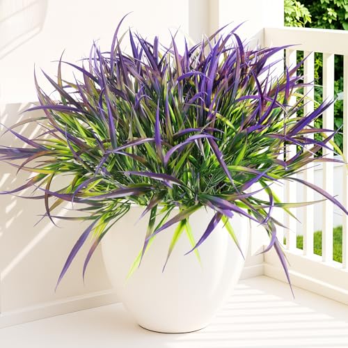 Uieke 12 Bundles Artificial Outdoor Plants UV Resistant Fake Grass Plants Faux Plastic Plants Greenery Shrubs for Home Garden Pathway Window Box Front Porch Cemetery Spring Summer Decor, Purple