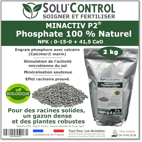 2 kg de Minactiv P2® SOLU’CONTROL – Engrais phosphate naturel 0-15-0 + 41,5 CaO – Avec Calcimer® marin et stimulateur microbien – Racines solides, gazon dense et cultures vigoureuses – UAB (Bio)
