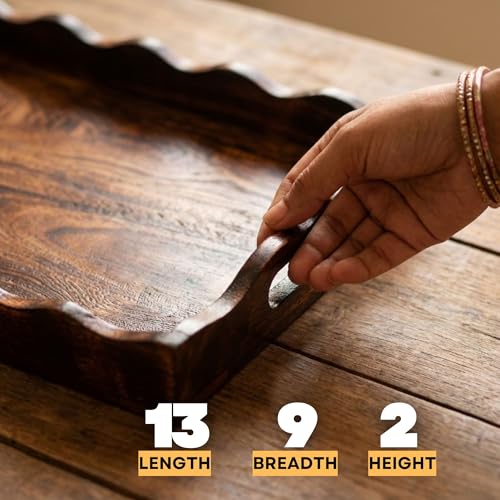 Image of Wooden Rectangular Serving Tray for Home & Kitchen - 13 x 9 Inch Antique Finish Breakfast, Tea & Snacks Tray with Handles for Dining Table, Coffee Table & Serving Guests