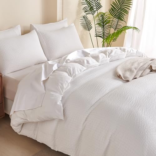Image of White Striped Comforter Set Queen - 3 Pieces Bedding Comforter Set for All Season, Soft Lightweight Washed Microfiber, 1 Striped Comforter and 2 Pillowcases (White, Queen Size)