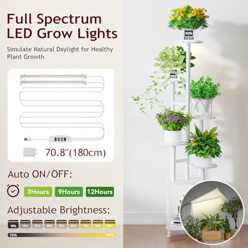 Image of Homsorout Plant Stand Indoor with Grow Light, 6-Tiered Tall Plant Stand Indoor, Metal Plant Shelf with Hanging Basket Hook and Adjustable Light, Ideal for Living Room, Garden, Round Patio white