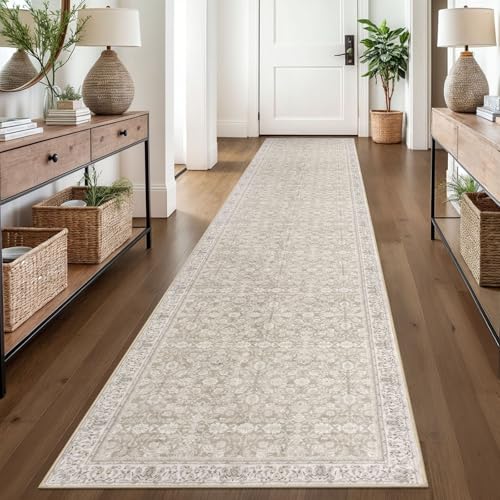 2.6x14 Cream Beige White Grey Washable Runner Rug for Kitchen, Soft Classic Runners with Non-Slip, Non-Shedding Distressed Floral Rug for Hallways Entryway Bedroom Laundry Indoor