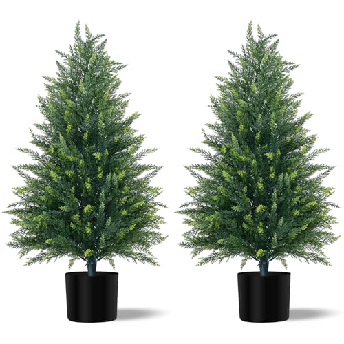 Grooy 3FT Artificial Cedar Topiary Tree with Pot, Set of 2 Fake Evergreen Tree for Indoor Home...