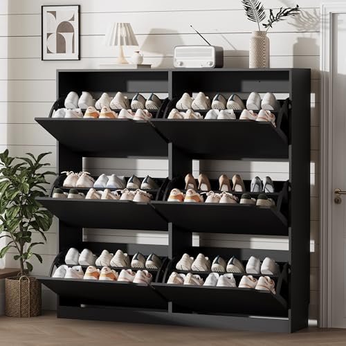 Image of Xixini Shoe Storage Cabinet for Entryway with 6 Flip Drawers, Sturdy Wood Hidden Shoe Storage, Freestanding Narrow Slim Shoe Organizer for Front Door Entrance, Living Room, Hallway, Bedroom, Black