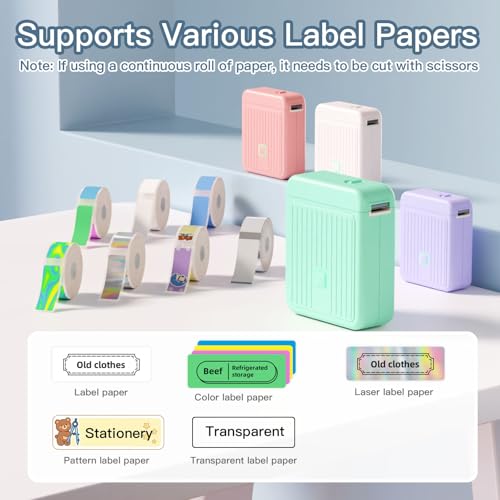 Image of Label Printer with Waterproof Self-Adhesive Labels (12 x 40 mm), Bluetooth Labeling Device, Portable Label Printer, 2000 mAh, Compatible with iOS & Android, for Home, School, and Office (Mint Green)
