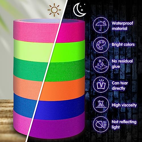 Image of Whaline 6 Colors Neon Gaffer Cloth Tape Fluorescent Rainbow Color UV Blacklight Tape Neon Duct ReflectiveTape for UV Party Theatres Staged Dark Areas(1 inch x 34.8 feet)
