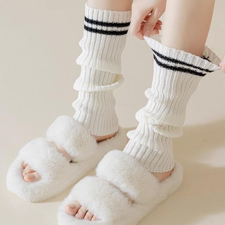1 Pair Winter Mid-calf Leg Warmer Knitted Stripe Thermal Leg Sleeve Adjustable Elastic Socks Cover 40cm