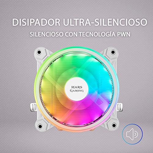 Mars Gaming MCPU220, Disipador CPU ARGB TDP 140W, Diseño Horizontal Perfil Bajo, Ventilador 120mm PWM, 4 Heatpipes, Compatible Intel & AMD, Blanco - imagen 2
