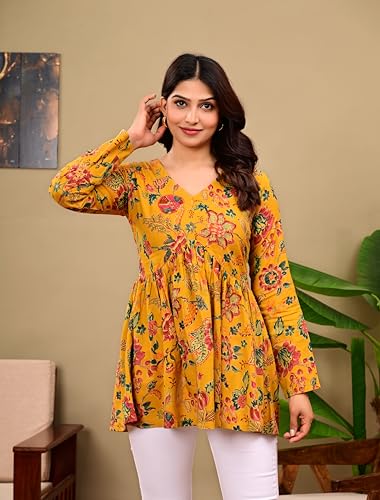 Image of LABEL ADRIJA Cotton V Neck Anarkali Short Kurti for Women Full Sleeve Floral Print | Short Kurtis for Women on Jeans
