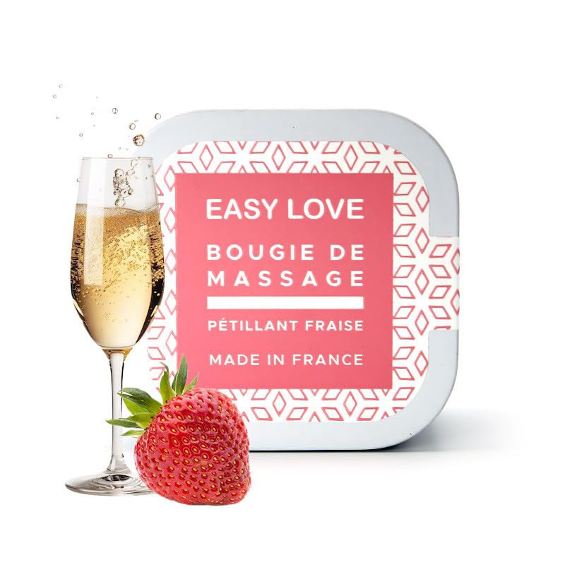 Bougie de Massage Easy Love – Parfum Fraise Pétillante – 54g – Huile de Massage Tiède Gourmande – Made in France – Ingrédients Naturels – Format Voyage – Détente et Sensualité