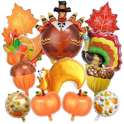12 Pcs Thanksgiving Foil Balloons Turkey Pumpkin Acorn Maple Leaf Squirrel Fall Balloons Autumn Harvest Thanksgiving Balloon Party Decorations