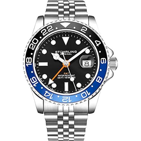 STUHRLING Original Mens Stainless Steel Jubilee Bracelet GMT Watch - Swiss Quartz, Dual Time, Quickset Date with Screw Down Crown, Water Resistant up to 10 ATM Cover