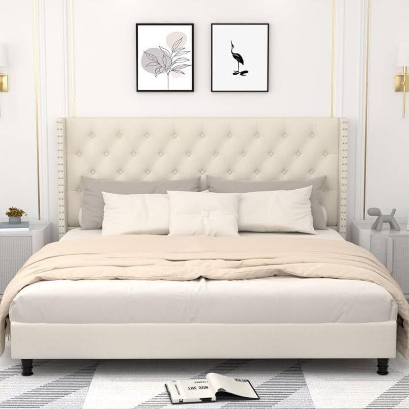 Image of Custom Decor Fabric Upholstered King Size Bed with Button Tufted Headboard for Bedroom || Solid Wood Bed | (Ivory Dutton, King (U.K. Standard))