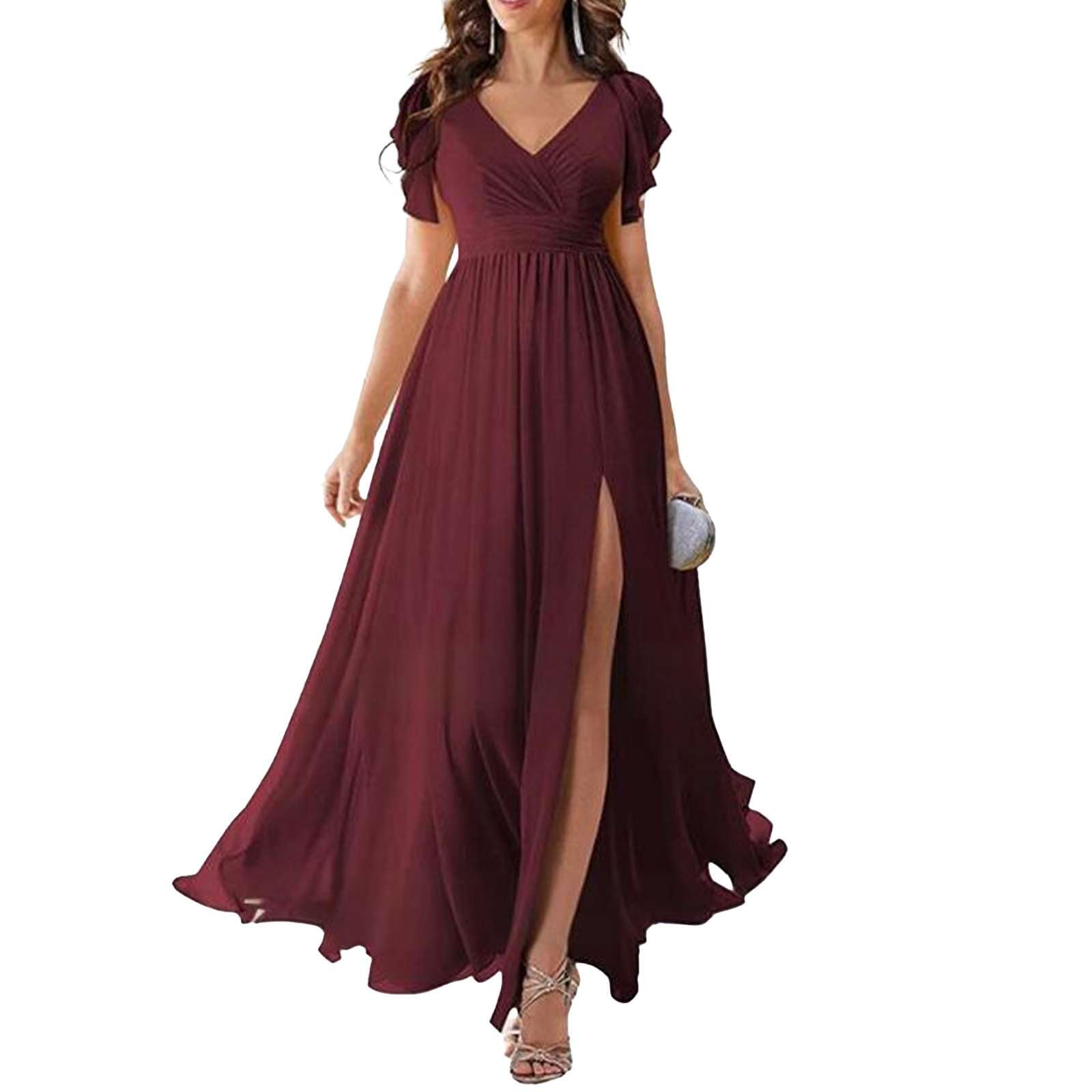 Genérico Vestidos de Fiesta Mujer Elegantes - Vestido Invitada Boda Largo, Dama de Honor, Escote V Abertura Lateral Efecto Gasa Manga Corta, Vestidos de Graduación, Vestido Coctel Mujer