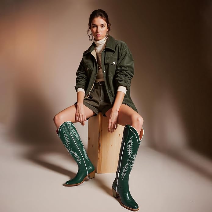 Image of GORBINETI Women Cowboy Boots Mid Calf Cowgirl Western Boots Embroidered Suede Pull On Almond Toe Chunky Heel