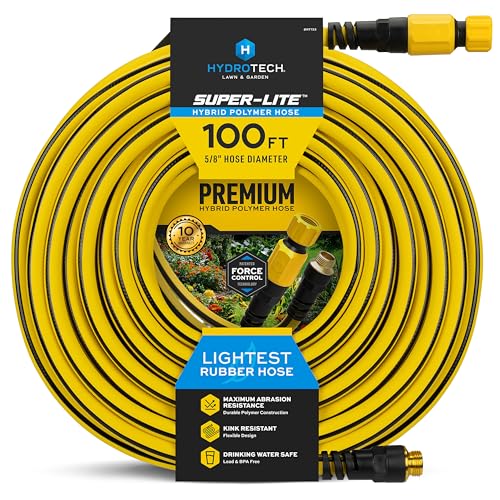 HydroTech Super-Lite Hybrid Polymer Garden Hose 5/8 x 100 ft Ultra Lightweight Kink-Resistant Water Hose Drinking Water Safe Durable Polymer Construction with Force Control Technology