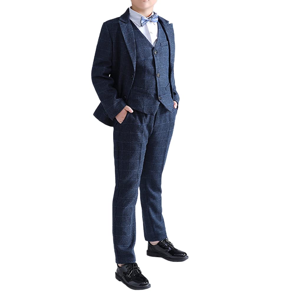 GUOCU Conjunto de Esmoquin Niños,Trajes para Niños para Boda Ceremonia,Talla Grande Trajes Azul a Cuadros+Chaleco+Camisa+Pantalón+Pajarita,Traje de Caballero Infantil Traje Formal de Bautizo