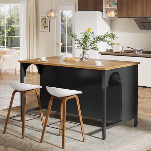 Tribesigns Kitchen Island with 3 Storage Shelves, 55\" W Kitchen Shelf with Large Countertop and Seating Area, Modern Wooden Coffee Bar Table (Black)