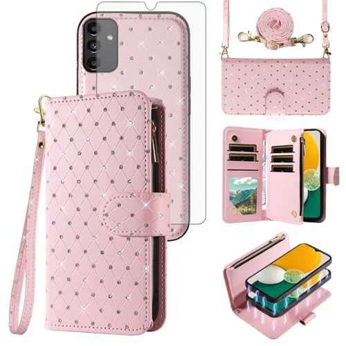 Étui portefeuille Samsung A13 5G avec fermeture éclair et bandoulière or rose