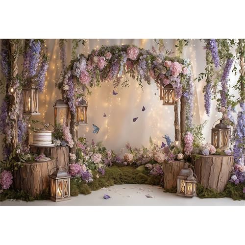 Baocicco Purple Flowers Wall Backdrop 12x8ft Rustic Style Wooden Arch Door Butterfly Background Photography Rural Wedding Baby Shower Birthday Party Banner Supplies Anniversary Decorations Props