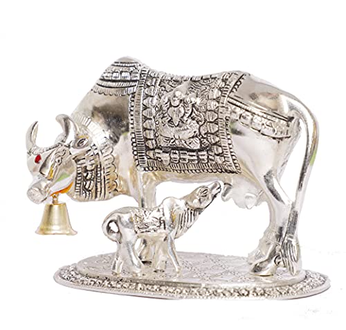 Image of KridayKraft Kamdhenu Cow with Calf Metal Statue for Good Luck, Feng Shui As Table Top Figurine, Vastu, Religious Gau Mata Idol Home, Office and Table Decorative (Silver, Standard)